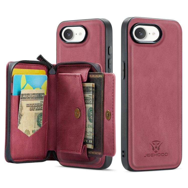 For iPhone 16e JEEHOOD J02 Magnetic Zipper Horizontal Flip Leather Phone Case(Red) - free shipping - PMc TechLife - Order now!