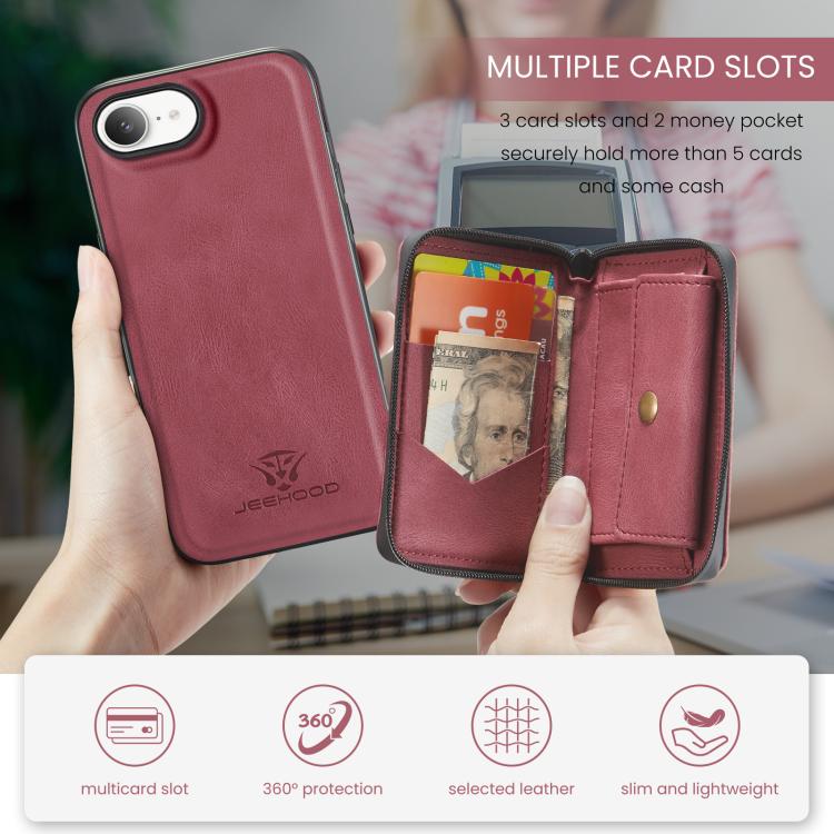 For iPhone 16e JEEHOOD J02 Magnetic Zipper Horizontal Flip Leather Phone Case(Red) - free shipping - PMc TechLife - Order now!
