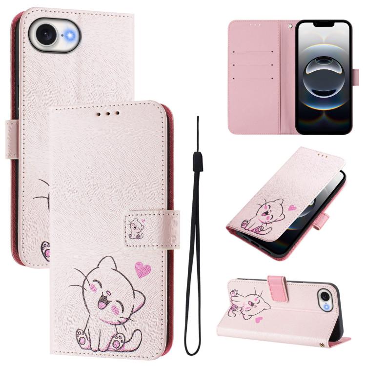 For iPhone 16e Art Colored Drawing Pattern Leather Phone Case(Cute cat) - iPhone 16e Cases by PMC TechLife | Online Shopping South Africa | PMC TechLife | Buy Now Pay Later Mobicred