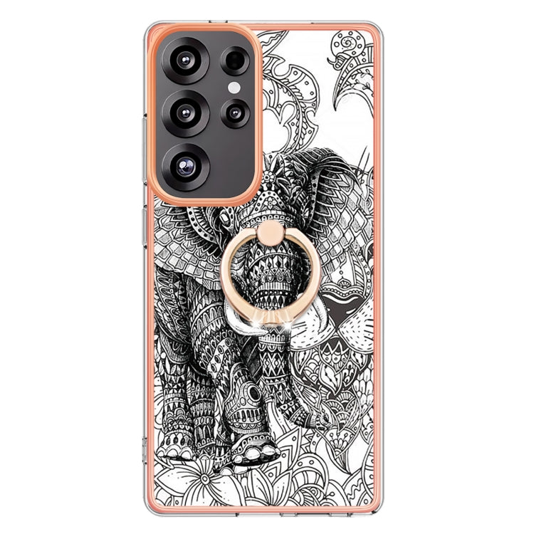 For Samsung Galaxy S25 Ultra 5G Electroplating Dual-side IMD Phone Case with Ring Holder(Totem Elephant) - Galaxy S25 Ultra 5G Cases by PMC Jewellery | Online Shopping South Africa | PMC Jewellery | Buy Now Pay Later Mobicred