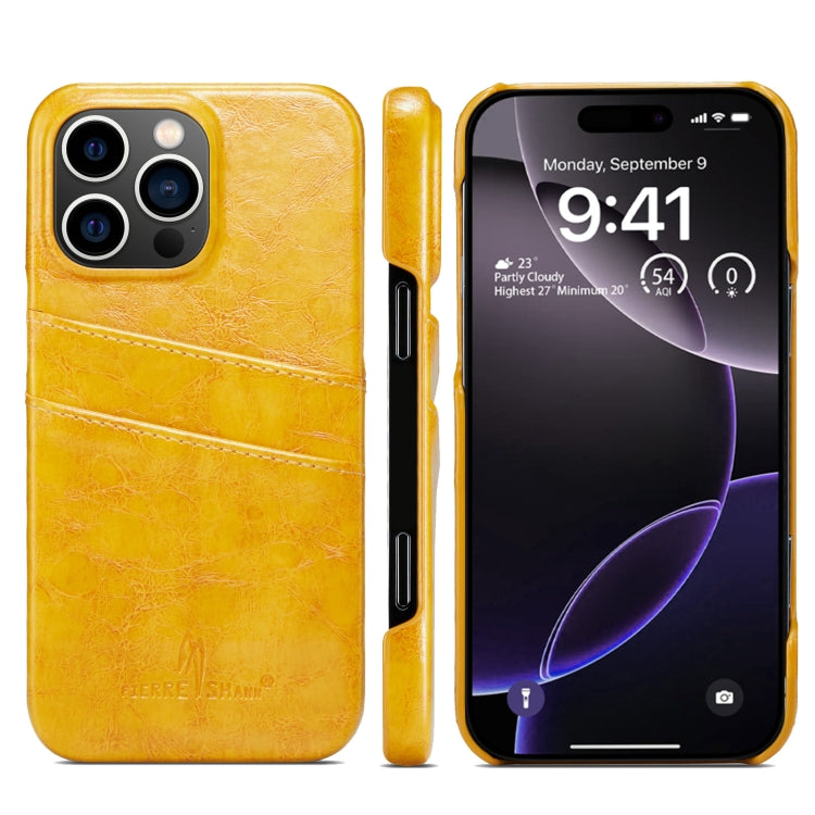 For iPhone 16 Pro Fierre Shann Retro Oil Wax Texture Card Slots PU Leather Phone Case(Yellow) - iPhone 16 Pro Cases by FIERRE SHANN | Online Shopping South Africa | PMC Jewellery | Buy Now Pay Later Mobicred