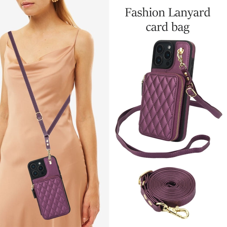 For iPhone 16 Pro Max AwQuer Crossbody Zipper Wallet Rhombic Leather Back Phone Case(Dark Purple) - iPhone 16 Pro Max Cases by Awquer | Online Shopping South Africa | PMC Jewellery | Buy Now Pay Later Mobicred