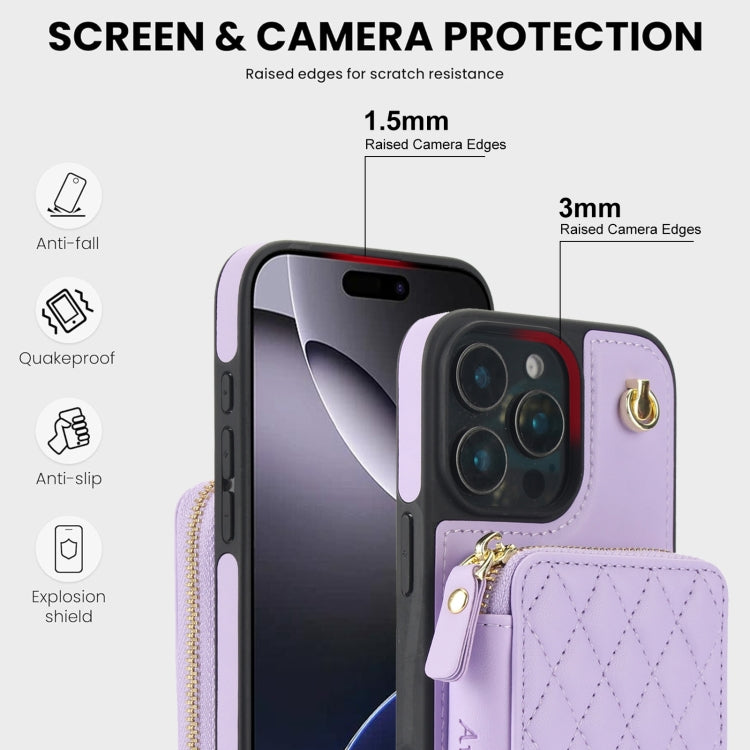 For iPhone 16 Pro Max AwQuer Crossbody Zipper Wallet Rhombic Leather Back Phone Case(Purple) - iPhone 16 Pro Max Cases by Awquer | Online Shopping South Africa | PMC Jewellery | Buy Now Pay Later Mobicred