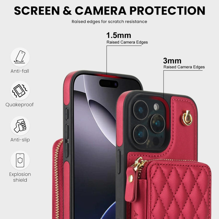 For iPhone 16 Pro AwQuer Crossbody Zipper Wallet Rhombic Leather Back Phone Case(Red) - iPhone 16 Pro Cases by Awquer | Online Shopping South Africa | PMC Jewellery | Buy Now Pay Later Mobicred