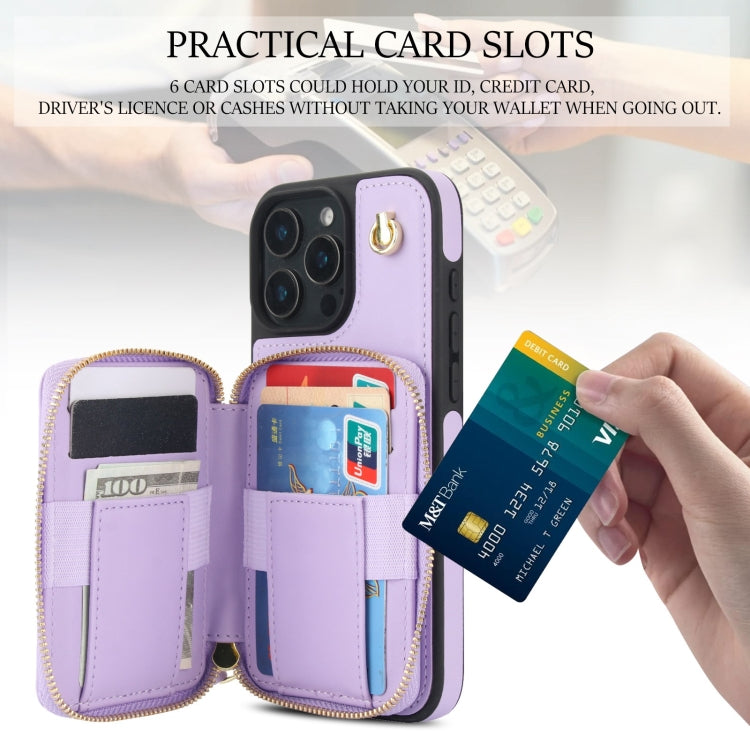 For iPhone 16 Pro AwQuer Crossbody Zipper Wallet Rhombic Leather Back Phone Case(Purple) - iPhone 16 Pro Cases by Awquer | Online Shopping South Africa | PMC Jewellery | Buy Now Pay Later Mobicred