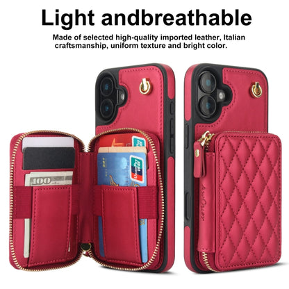 For iPhone 16 Plus AwQuer Crossbody Zipper Wallet Rhombic Leather Back Phone Case(Red) - iPhone 16 Plus Cases by Awquer | Online Shopping South Africa | PMC Jewellery | Buy Now Pay Later Mobicred