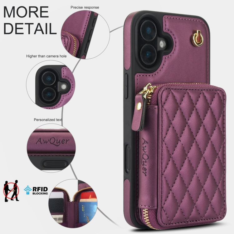 For iPhone 16 Plus AwQuer Crossbody Zipper Wallet Rhombic Leather Back Phone Case(Dark Purple) - iPhone 16 Plus Cases by Awquer | Online Shopping South Africa | PMC Jewellery | Buy Now Pay Later Mobicred