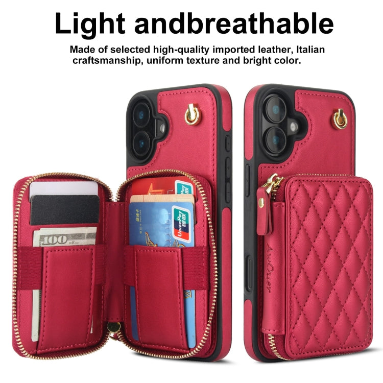 For iPhone 16 AwQuer Crossbody Zipper Wallet Rhombic Leather Back Phone Case(Red) - iPhone 16 Cases by Awquer | Online Shopping South Africa | PMC Jewellery | Buy Now Pay Later Mobicred