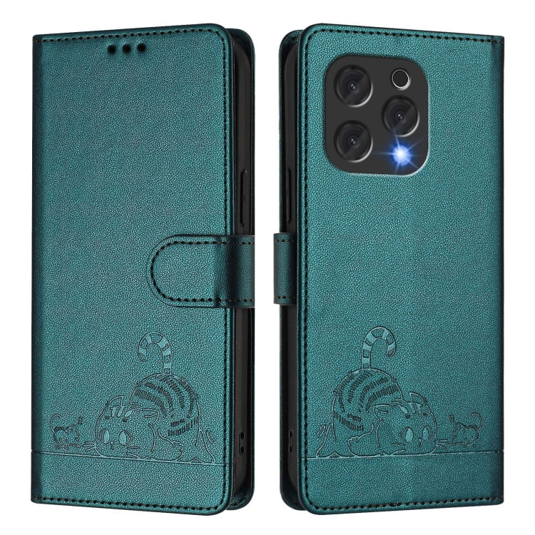 For Doogee N55 Plus Cat Rat Embossed Pattern RFID Leather Phone Case with Lanyard(Peacock Green) - Doogee Cases by PMC TechLife | Online Shopping South Africa | PMC TechLife | Buy Now Pay Later Mobicred