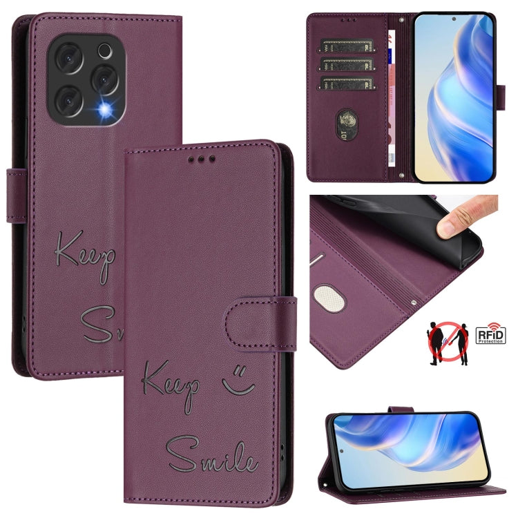 For Doogee N55 Plus Smile Embossing RFID Leather Phone Case(Violet) - Doogee Cases by PMC TechLife | Online Shopping South Africa | PMC TechLife | Buy Now Pay Later Mobicred