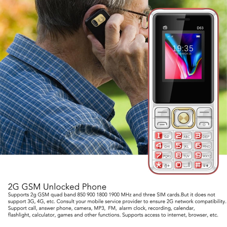 D63 Elder Keypad Phone, 1.77 inch, 3600mAh, SOS, FM, Dual SIM, GSM, Plug:UK Plug(Red) - Others by PMC Jewellery | Online Shopping South Africa | PMC Jewellery | Buy Now Pay Later Mobicred