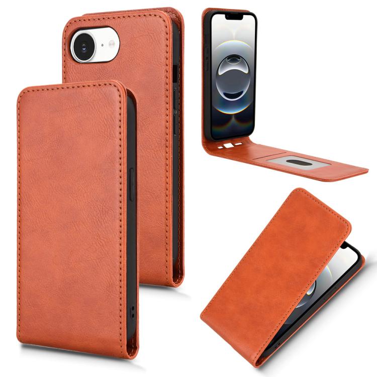 For iPhone 16e Magnetic Vertical Flip Leather Phone Case(Brown) - iPhone 16e Cases by PMC TechLife | Online Shopping South Africa | PMC TechLife | Buy Now Pay Later Mobicred