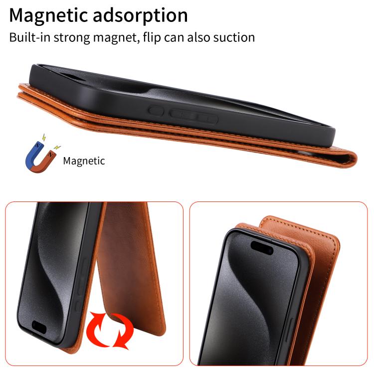 For iPhone 16e Magnetic Vertical Flip Leather Phone Case(Brown) - iPhone 16e Cases by PMC TechLife | Online Shopping South Africa | PMC TechLife | Buy Now Pay Later Mobicred