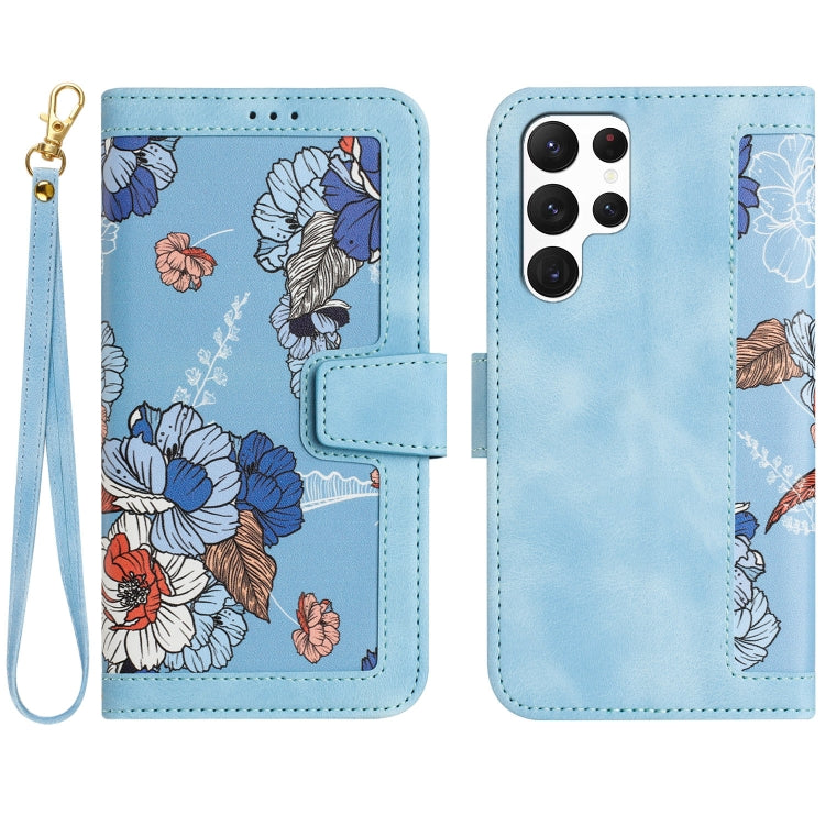 For Samsung Galaxy S25 Ultra 5G Floral Pattern Leather Phone Case with Lanyard(Light Blue) - Galaxy S25 Ultra 5G Cases by PMC Jewellery | Online Shopping South Africa | PMC Jewellery | Buy Now Pay Later Mobicred