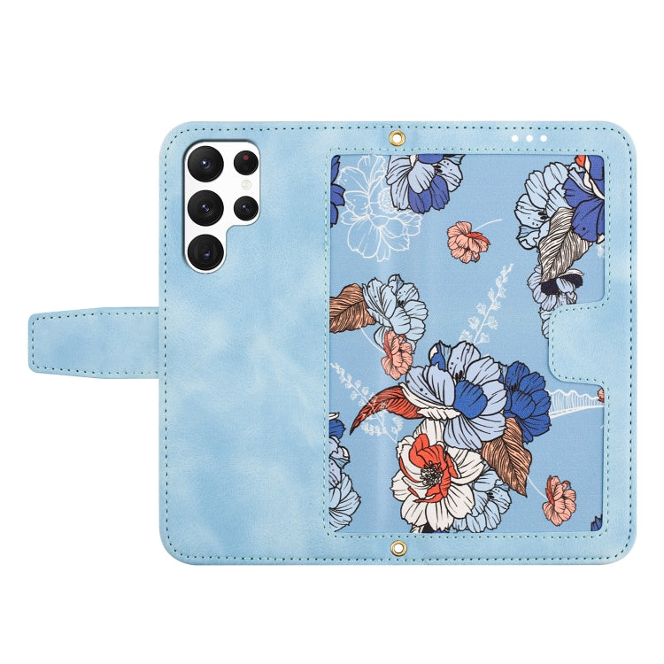 For Samsung Galaxy S25 Ultra 5G Floral Pattern Leather Phone Case with Lanyard(Light Blue) - Galaxy S25 Ultra 5G Cases by PMC Jewellery | Online Shopping South Africa | PMC Jewellery | Buy Now Pay Later Mobicred