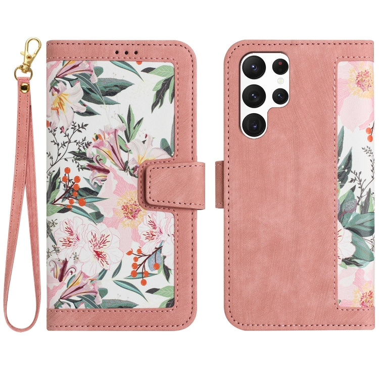 For Samsung Galaxy S25 Ultra 5G Floral Pattern Leather Phone Case with Lanyard(Pink) - Galaxy S25 Ultra 5G Cases by PMC Jewellery | Online Shopping South Africa | PMC Jewellery | Buy Now Pay Later Mobicred