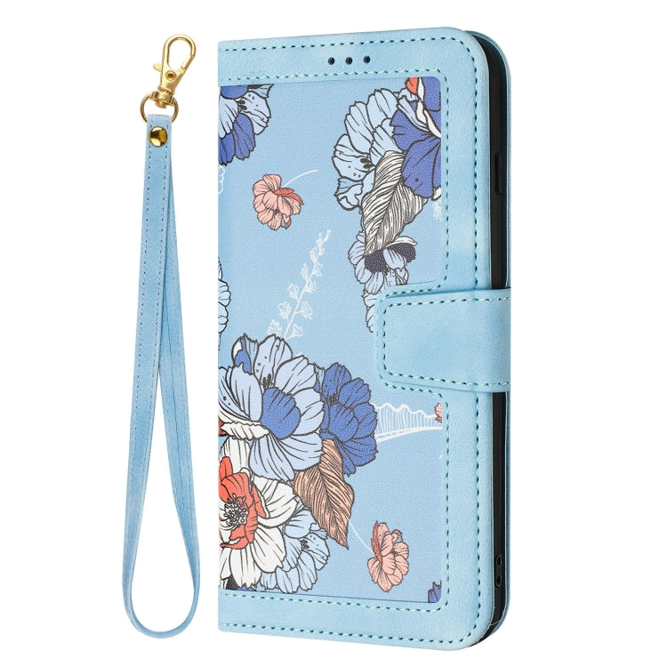 For Samsung Galaxy S25+ 5G Floral Pattern Leather Phone Case with Lanyard(Light Blue) - Galaxy S25+ 5G Cases by PMC Jewellery | Online Shopping South Africa | PMC Jewellery | Buy Now Pay Later Mobicred