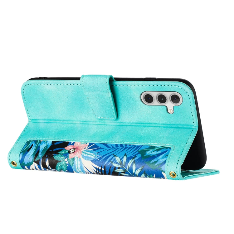 For Samsung Galaxy S25 5G Floral Pattern Leather Phone Case with Lanyard(Green) - Galaxy S25 5G Cases by PMC Jewellery | Online Shopping South Africa | PMC Jewellery | Buy Now Pay Later Mobicred