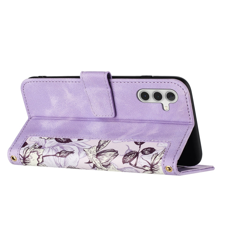 For Samsung Galaxy S25 5G Floral Pattern Leather Phone Case with Lanyard(Light Purple) - Galaxy S25 5G Cases by PMC Jewellery | Online Shopping South Africa | PMC Jewellery | Buy Now Pay Later Mobicred