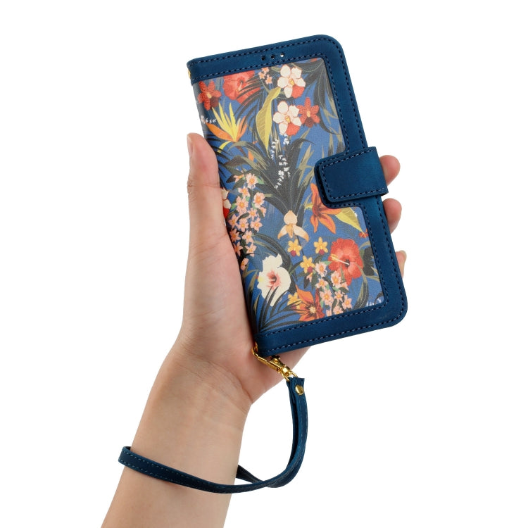 For Samsung Galaxy S25 5G Floral Pattern Leather Phone Case with Lanyard(Dark Blue) - Galaxy S25 5G Cases by PMC Jewellery | Online Shopping South Africa | PMC Jewellery | Buy Now Pay Later Mobicred