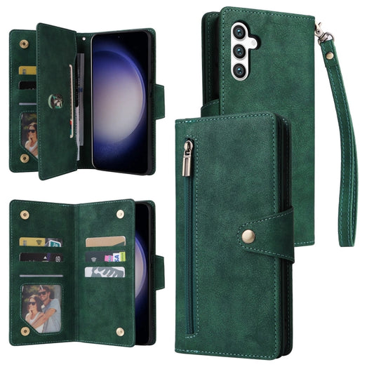 For Samsung Galaxy S25 5G Rivet Buckle 9 Cards Three Fold Leather Phone Case(Green) - Galaxy S25 5G Cases by PMC Jewellery | Online Shopping South Africa | PMC Jewellery | Buy Now Pay Later Mobicred