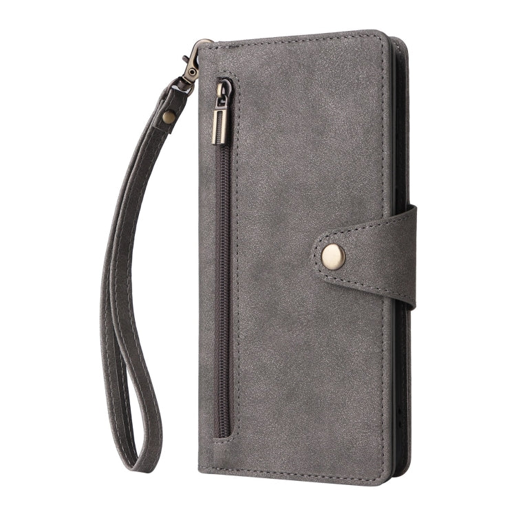 For Samsung Galaxy S25+ 5G Rivet Buckle 9 Cards Three Fold Leather Phone Case(Grey) - Galaxy S25+ 5G Cases by PMC Jewellery | Online Shopping South Africa | PMC Jewellery | Buy Now Pay Later Mobicred