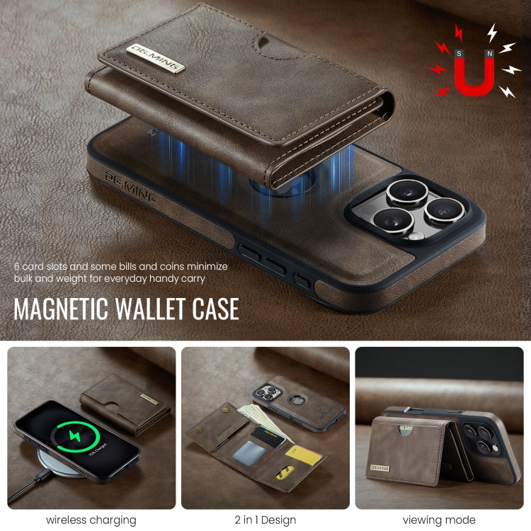 For iPhone 16 Pro Max DG.MING M6 Series RFID Tri-fold Card Bag Removable Leather Phone Case(Coffee) - iPhone 16 Pro Max Cases by DG.MING | Online Shopping South Africa | PMC Jewellery | Buy Now Pay Later Mobicred