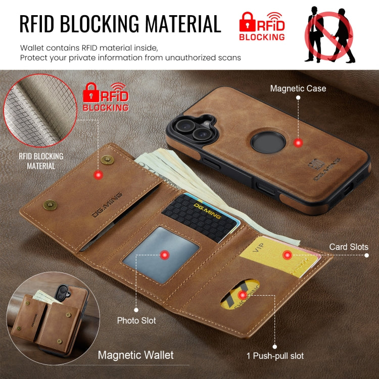 For iPhone 16 Plus DG.MING M6 Series RFID Tri-fold Card Bag Removable Leather Phone Case(Brown) - iPhone 16 Plus Cases by DG.MING | Online Shopping South Africa | PMC Jewellery | Buy Now Pay Later Mobicred