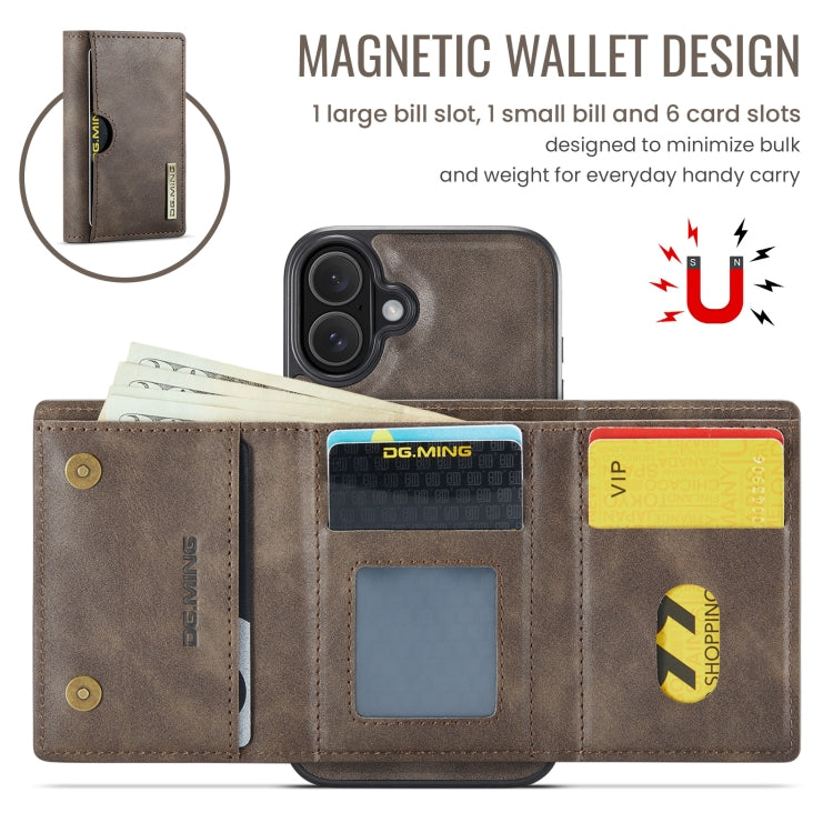 For iPhone 16 Plus DG.MING M6 Series RFID Tri-fold Card Bag Removable Leather Phone Case(Coffee) - iPhone 16 Plus Cases by DG.MING | Online Shopping South Africa | PMC Jewellery | Buy Now Pay Later Mobicred