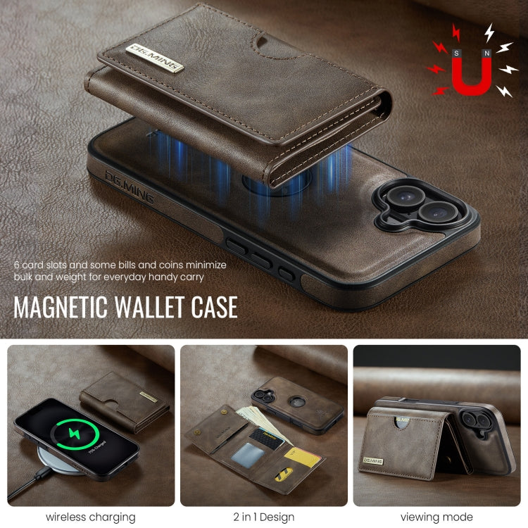 For iPhone 16 DG.MING M6 Series RFID Tri-fold Card Bag Removable Leather Phone Case(Coffee) - iPhone 16 Cases by DG.MING | Online Shopping South Africa | PMC Jewellery | Buy Now Pay Later Mobicred