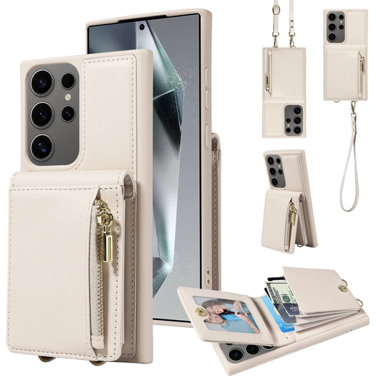 For Samsung Galaxy S25 Ultra 5G Crossbody Lanyard Zipper Wallet Leather Phone Case(Beige) - Galaxy S25 Ultra 5G Cases by PMC Jewellery | Online Shopping South Africa | PMC Jewellery | Buy Now Pay Later Mobicred