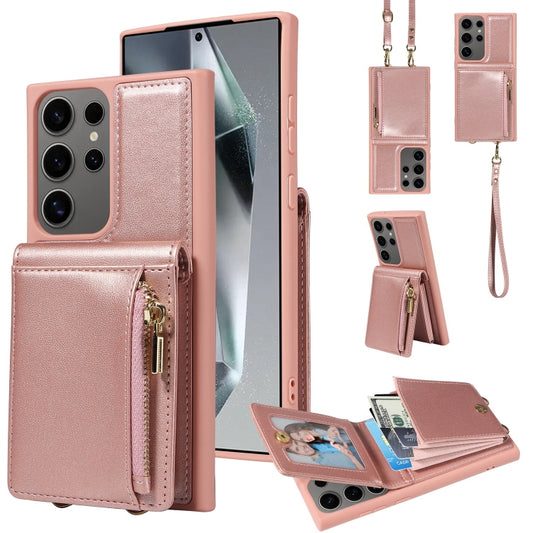 For Samsung Galaxy S25 Ultra 5G Crossbody Lanyard Zipper Wallet Leather Phone Case(Rose Gold) - Galaxy S25 Ultra 5G Cases by PMC Jewellery | Online Shopping South Africa | PMC Jewellery | Buy Now Pay Later Mobicred