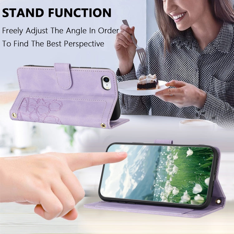For iPhone 16e Tulips Embossed Leather Phone Case with Lanyard(Purple) - iPhone 16e Cases by PMC TechLife | Online Shopping South Africa | PMC TechLife | Buy Now Pay Later Mobicred
