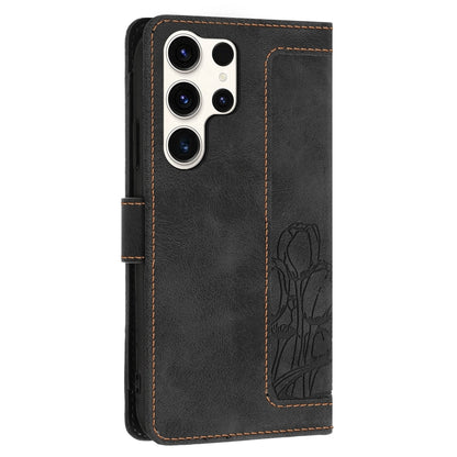 For Samsung Galaxy S25 Ultra 5G Tulips Embossed Leather Phone Case with Lanyard(Black) - Galaxy S25 Ultra 5G Cases by PMC Jewellery | Online Shopping South Africa | PMC Jewellery | Buy Now Pay Later Mobicred