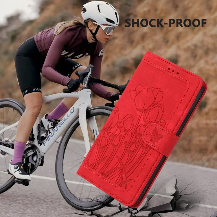 For Samsung Galaxy S25 5G Tulips Embossed Leather Phone Case with Lanyard(Red) - Galaxy S25 5G Cases by PMC Jewellery | Online Shopping South Africa | PMC Jewellery | Buy Now Pay Later Mobicred
