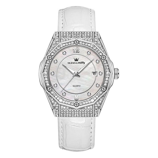 OLEVS 1003 Women Fashion Diamond-encrusted Waterproof Quartz Watch with Date(White) - Leather Strap Watches by OLEVS | Online Shopping South Africa | PMC Jewellery | Buy Now Pay Later Mobicred