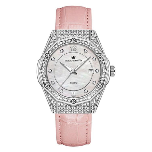 OLEVS 1003 Women Fashion Diamond-encrusted Waterproof Quartz Watch with Date(Pink) - Leather Strap Watches by OLEVS | Online Shopping South Africa | PMC Jewellery | Buy Now Pay Later Mobicred