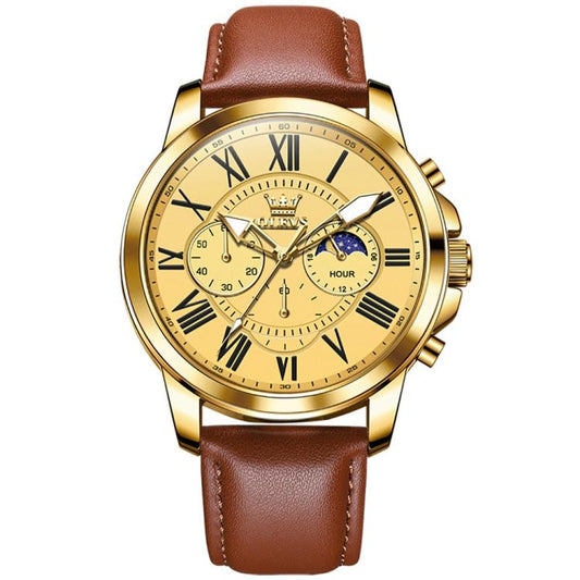 OLEVS 3632 Men Multifunctional Large Dial Luminous Waterproof Quartz Watch(Brown + Gold) - Leather Strap Watches by OLEVS | Online Shopping South Africa | PMC Jewellery | Buy Now Pay Later Mobicred