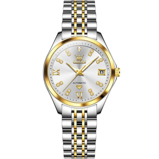 OLEVS 9801 Women Diamond Waterproof Single Calendar Mechanical Watch(White Gold) - Metal Strap Watches by OLEVS | Online Shopping South Africa | PMC Jewellery | Buy Now Pay Later Mobicred