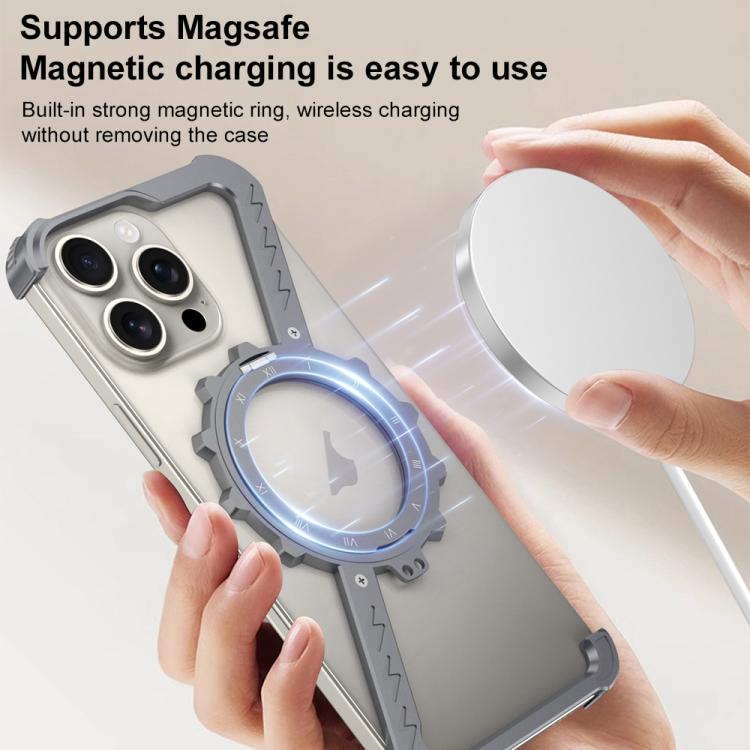 For iPhone 15 Z-shaped Frameless Metal 360 Holder MagSafe Phone Case(Space Silver) - iPhone 15 Cases by PMc TechLife | Online Shopping South Africa | PMc TechLife | Buy Now Pay Later Mobicred