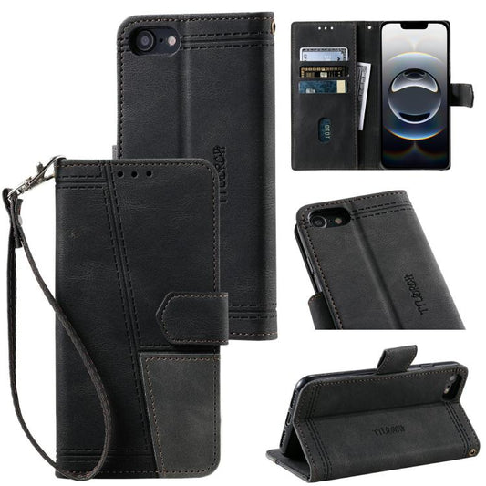 For iPhone 16e TTUDRCH Embossed Line Splicing Leather Phone Case(Black) - iPhone 16e Cases by PMC Jewellery | Online Shopping South Africa | PMC Jewellery | Buy Now Pay Later Mobicred