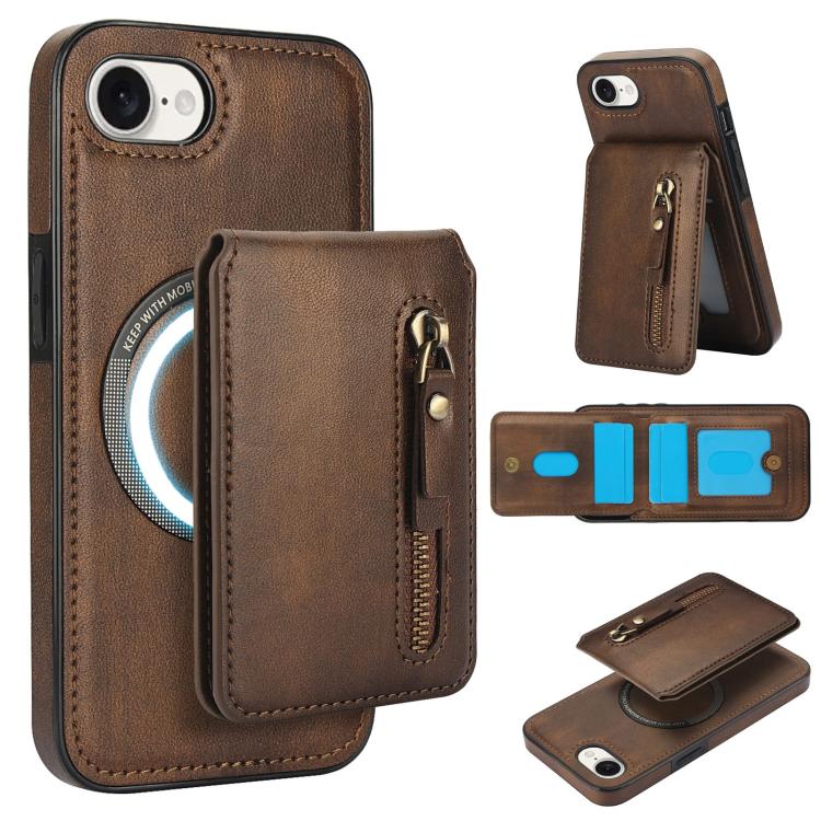 For iPhone 16e Zipper Wallet Split MagSafe Leather Back Phone Case(Brown) - iPhone 16e Cases by PMC TechLife | Online Shopping South Africa | PMC TechLife | Buy Now Pay Later Mobicred