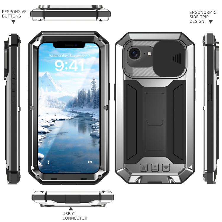 For iPhone 16e Sliding Camera IP68 Waterproof Holder Phone Case(Silver) - iPhone 16e Cases by PMC TechLife | Online Shopping South Africa | PMC TechLife | Buy Now Pay Later Mobicred