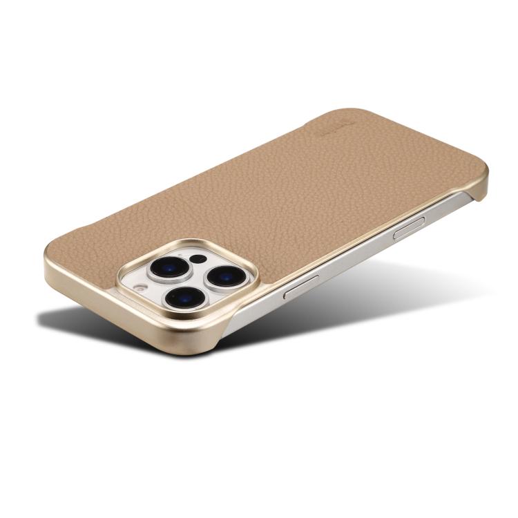 For iPhone 14 Pro Max Denior A20 Genuine Leather Litchi Texture MagSafe Frameless Phone Case(Khaki) - free shipping - PMc TechLife - Order now!
