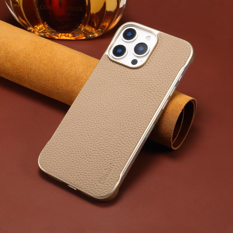 For iPhone 16 Denior A20 Genuine Leather Litchi Texture MagSafe Frameless Phone Case(Khaki) - free shipping - PMc TechLife - Order now!