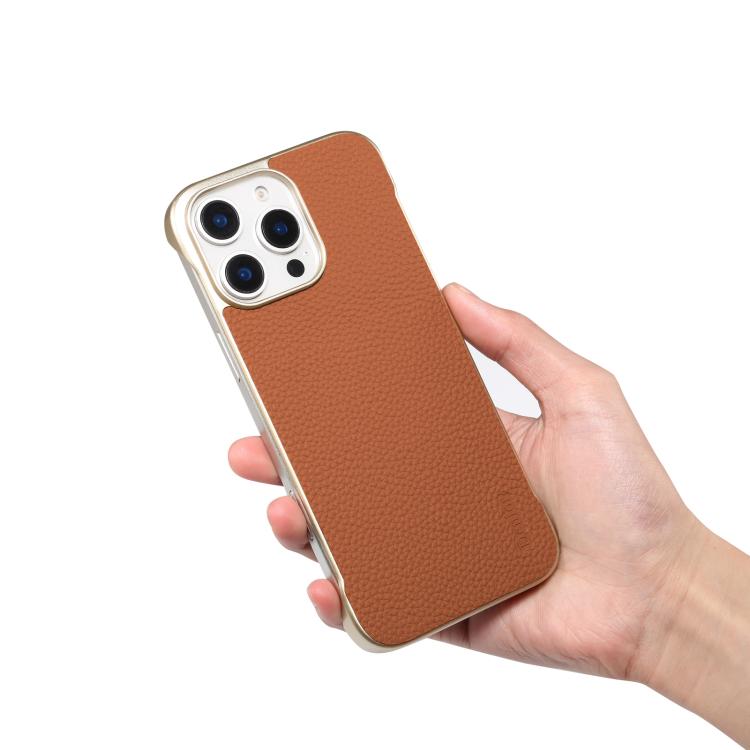 For iPhone 16 Pro Denior A20 Genuine Leather Litchi Texture MagSafe Frameless Phone Case(Brown) - free shipping - PMc TechLife - Order now!