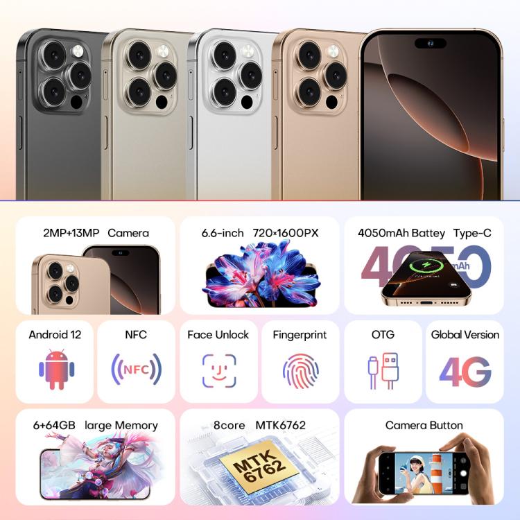 A88A / i16 Pro Max, 6GB+64GB, 6.6 inch Android 12 MTK6762 Helio G25 Octa Core, NFC, OTG, Network: 4G, Dual SIM, Plug:EU Plug(Titanium Grey) - free shipping - PMc TechLife - Order now!