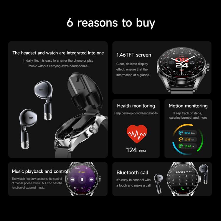 D9 1.46 inch 2 in 1 Bluetooth Earphone Smart Watch, Support Bluetooth Call / NFC / Heart Rate(Silver) - free shipping - PMC TechLife - Order now!