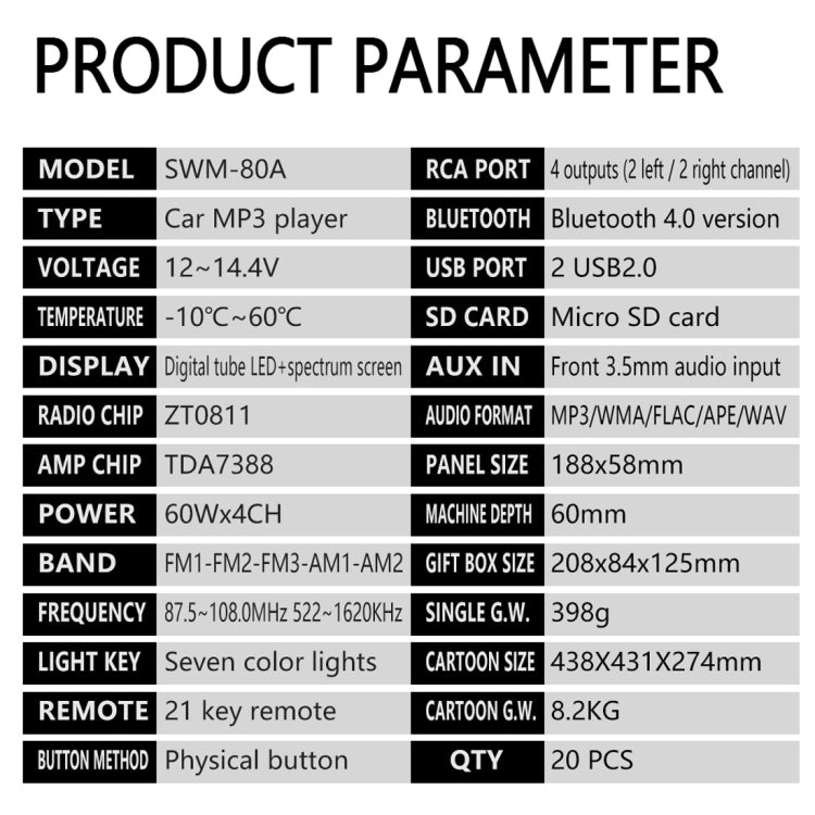 SWM-80A DC12V Car MP3 Support FM / AM & Bluetooth & Mobile Phone Voice Assistant - Car MP3 & MP4 & MP5 by PMC Jewellery | Online Shopping South Africa | PMC Jewellery | Buy Now Pay Later Mobicred