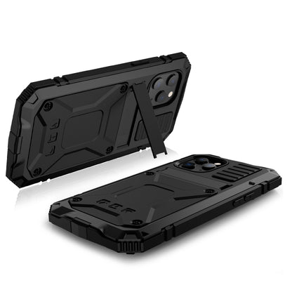 For iPhone 12 / 12 Pro R-JUST Shockproof Waterproof Dust-proof Metal + Silicone Protective Case with Holder(Black) - iPhone 12 / 12 Pro Cases by R-JUST | Online Shopping South Africa | PMC Jewellery